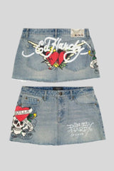 Painted Graphic High Rise Denim Mini Skirt