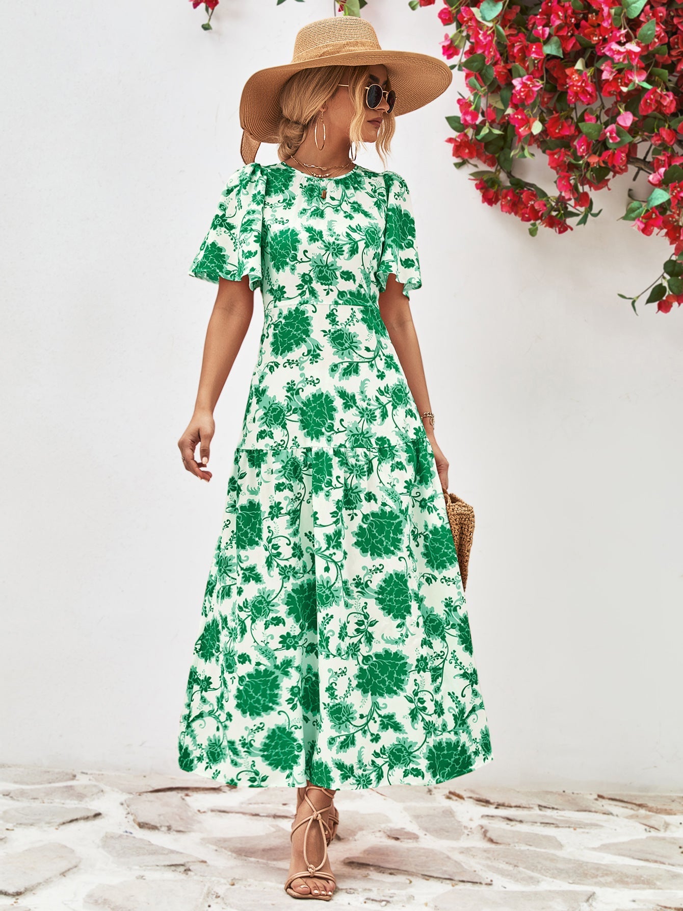 Floral Neck Tied Open Back Dress
