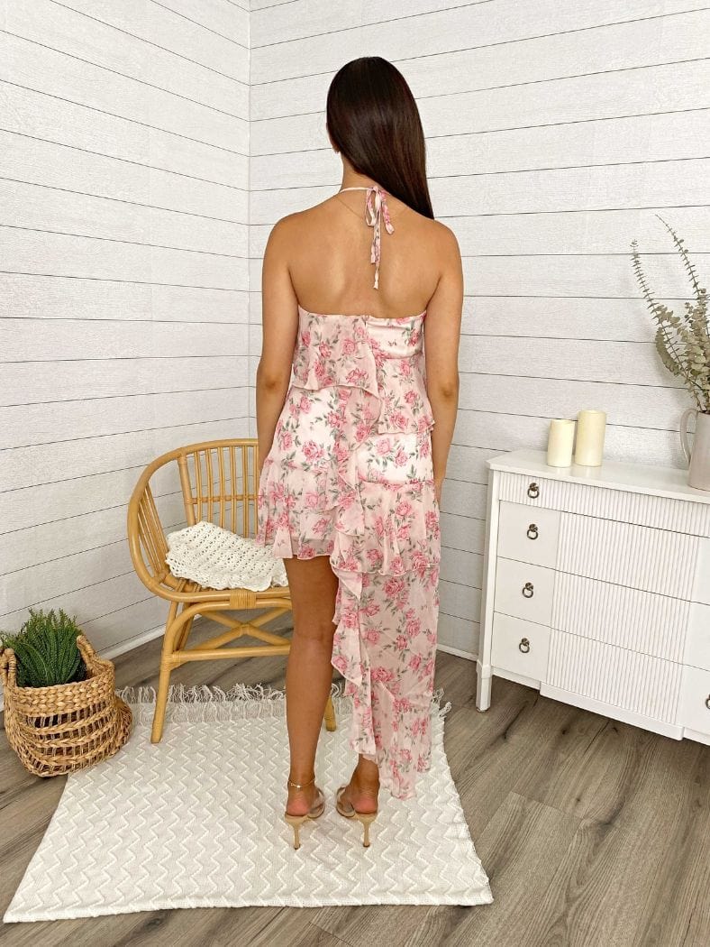 Floral Asymmetrical Halter Ruffled Tiered Dress