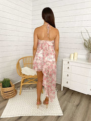 Floral Asymmetrical Halter Ruffled Tiered Dress