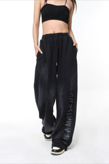 Washed Typography Wide Leg Fleece Sweatpants