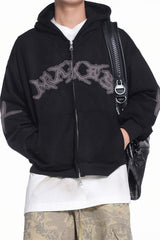 Applique Typography Suede Zip Hoodie