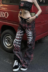 Washed Plaid Graphic Baggy Jeans