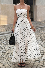 High Waist Polka Dot Strapless Slit Maxi Dress