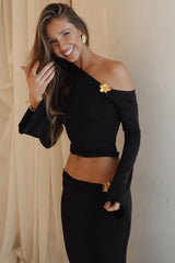 One Shoulder Metal Detail Flared Sleeve Top High Waist Skirt Set