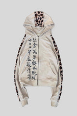 Leopard Panel Calligraphy Zip Hoodie