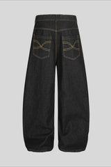 Gold Script Embroidered Barrel Leg Jeans