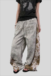 Dirty Wash Rhinestone Typography Wide Leg Sweatpants