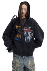 Graffiti Print Full Zip Oversized Hoodie