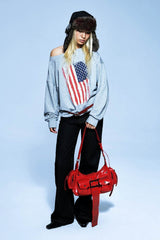 Distressed Flag Off Shoulder Long Sleeve T-Shirt