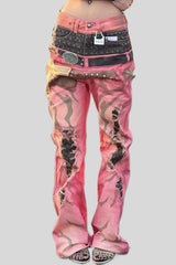 Pink Graphic Double Waist Flared Jeans