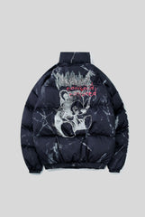 Bear Graphic Marble Print Puffer Jacket