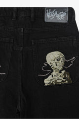 Skeleton Embroidered Wide Leg Black Jeans