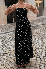 High Waist Polka Dot Strapless Slit Maxi Dress