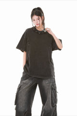 Studded Distressed Collar Washed Oversized Tee