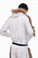 Leopard Faux Fur Trim Zip Up Hoodie