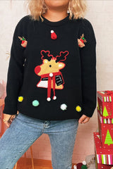 Christmas Cartoon Deer Knit Crew Patchwork Sweater