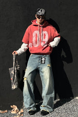 Layered Sleeve Number Graphic Hoodie