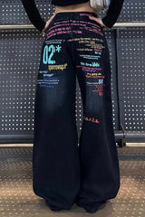 Colorful Slogan Printed Wide Leg Denim Jeans
