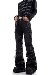 Cracked Wash Flared Streetwear Denim Jeans