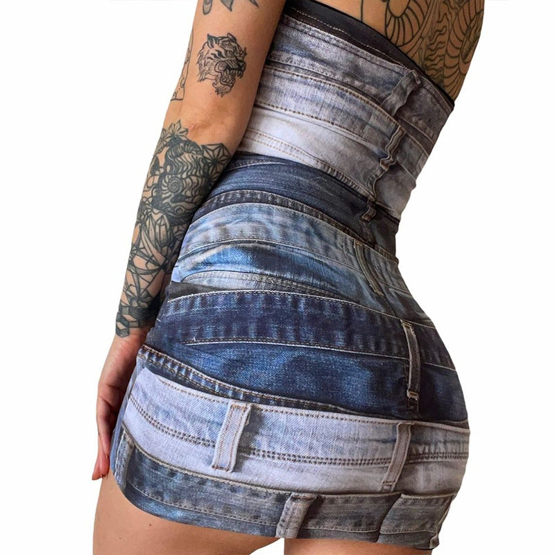 Printed Denim strappy dress