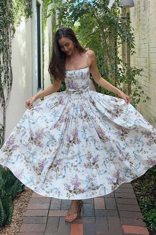 Print Pleated Spaghetti Maxi Dress