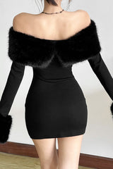 Christmas Color Block Furry Off-Shoulder Fitted Party Dress