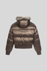 Fur Hood Newspaper Patch Cropped Puffer Jacket
