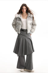 Fur Hood Newspaper Patch Cropped Puffer Jacket