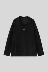 Studded Polo Collar Relaxed Fit Pullover Sweatshirt