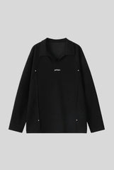 Studded Polo Collar Relaxed Fit Pullover Sweatshirt