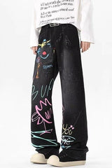Graffiti Print Baggy Wide Leg Denim Jeans