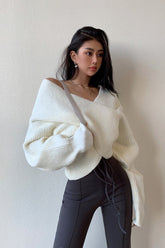 Solid V-Neck Crisscross Cold Shoulder Asymmetric Sweater