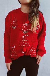 Christmas 3D Tree Pearl Solid Flocked Sweater Red / S