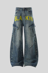 Yellow Typography Cargo Wide Leg Jeans