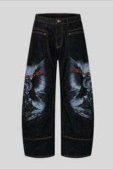 Dragon Illustration Washed Wide Leg Jeans