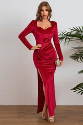 Elegant Long Sleeve Ruched Velvet Slit Fitted Waist Party Dress