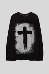 Distressed Cross Typography Graphic Oversized Sweatshirt