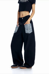 Leopard Pocket Stud Wide Leg Jeans