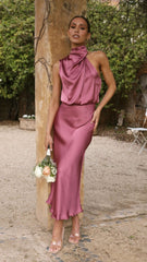Curve Satin Ruched Halter Neck Maxi Dress In Orchid