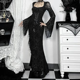 Quadrilateral Neck Corset Flare Full-Length Dress Black / S