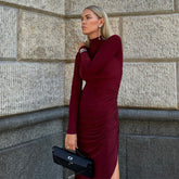 Solid Color Half High Collar Long Sleeves Slit Slim Fit Long Dress