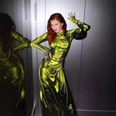 3D Pleated Print Long Sleeve Slim Fit Slimming round Neck High Waist Dress