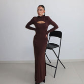 Chest Hollow Out Cutout out Long Sleeve Slim Fit Solid Color Dress Maxi