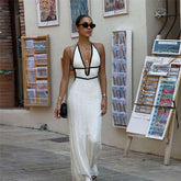 Color Contrast V Neck Halter Lace Up Backless Knitted Dress