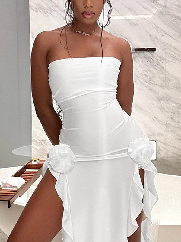 Split Ruffle Mesh Bandeau Maxi Dress Maxi Dresses