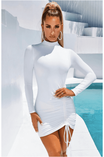 white round neck long sleeve slim dress