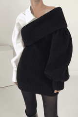 Knitted stitching fake two-piece slanted shoulder dress