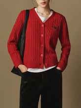 Dark Red Wool V-Neck Cable Cardigan / M Cardigan-241208