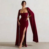 Dress Square Collar Mop Long Sleeve High Slit Solid Color Dress